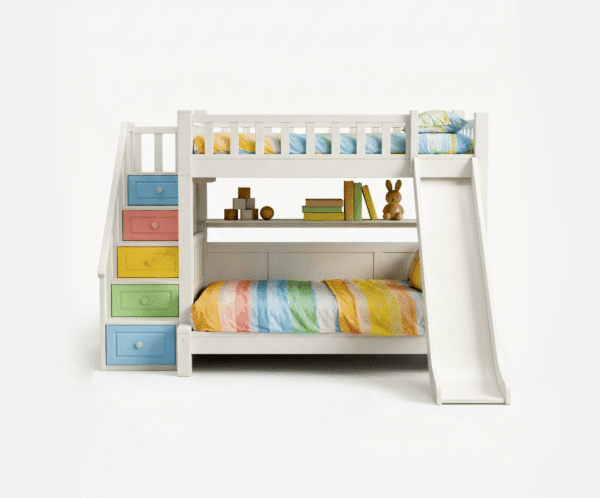Playful Castle Bunk Bed with Slide & Rainbow Storage